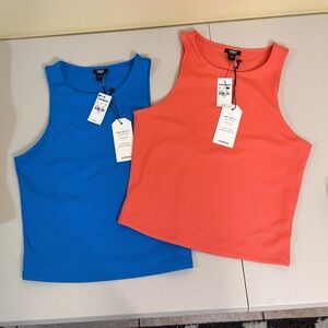 Express Body Contour Ribbed Cropped Tank Tops | Blue + Coral | High Neck